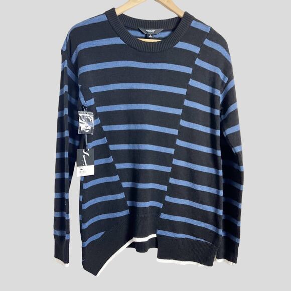 Simply Vera Wang Black Blue Striped Ribbed Asymmetrical Pullover Sweater Size S - Picture 2 of 10